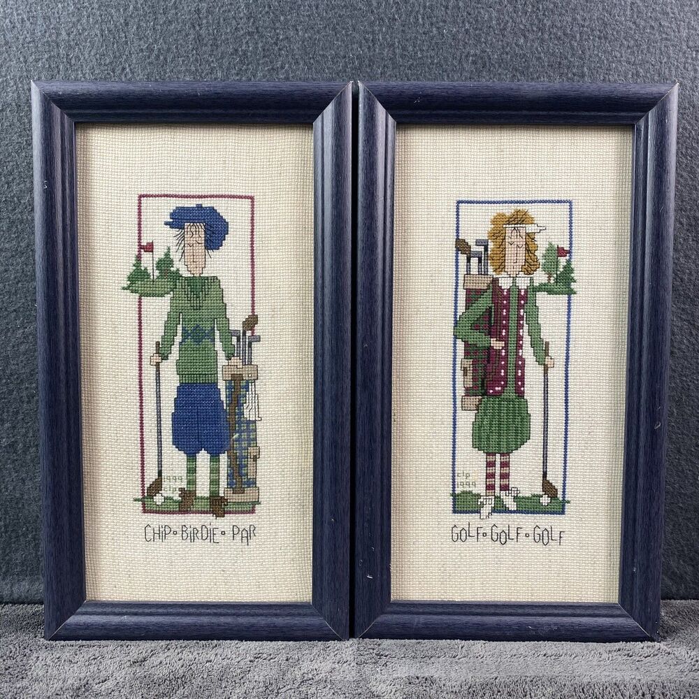 Vintage Framed Golfer Cross Stitch Art Set of 2 Hand Finished Needlework Decor